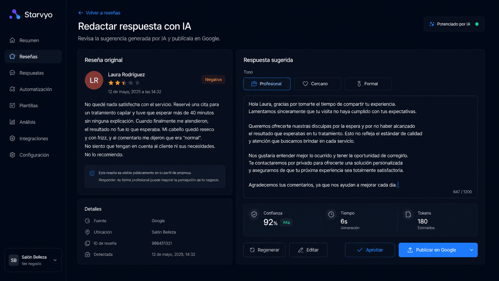 Pantalla Starvyo: reseña original, tono de respuesta y publicación en Google